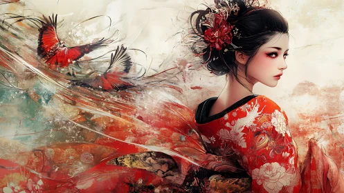 Woman in red floral kimono stands with abstract flying birds