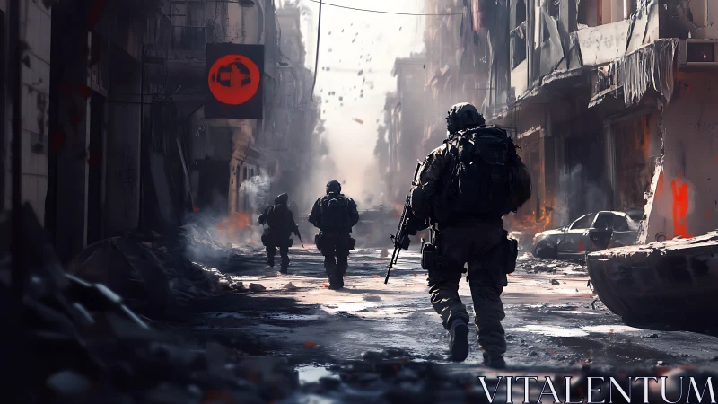 Soldiers advancing through smoke-filled urban warzone streets.