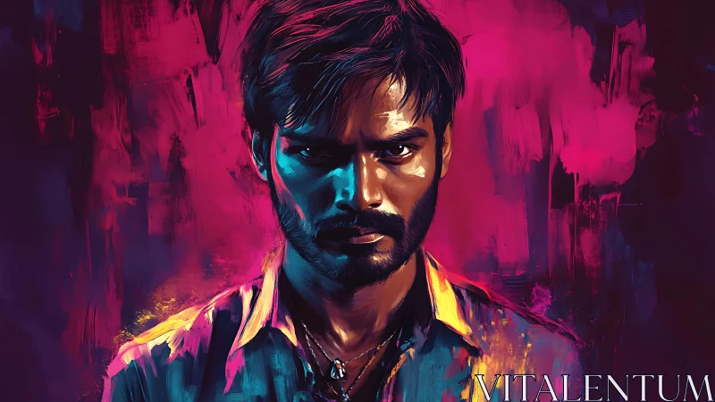 Intense male portrait in neon pink and blue lighting.