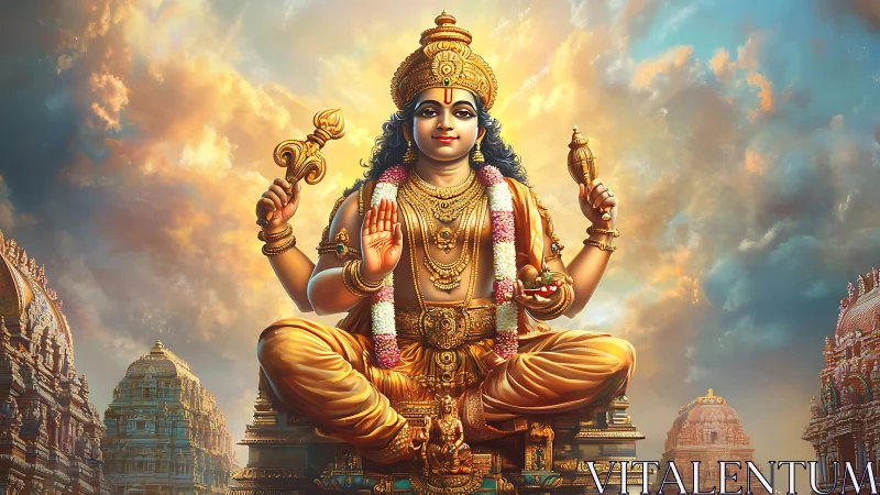 Hindu deity seated on ornate throne amid temple spires.