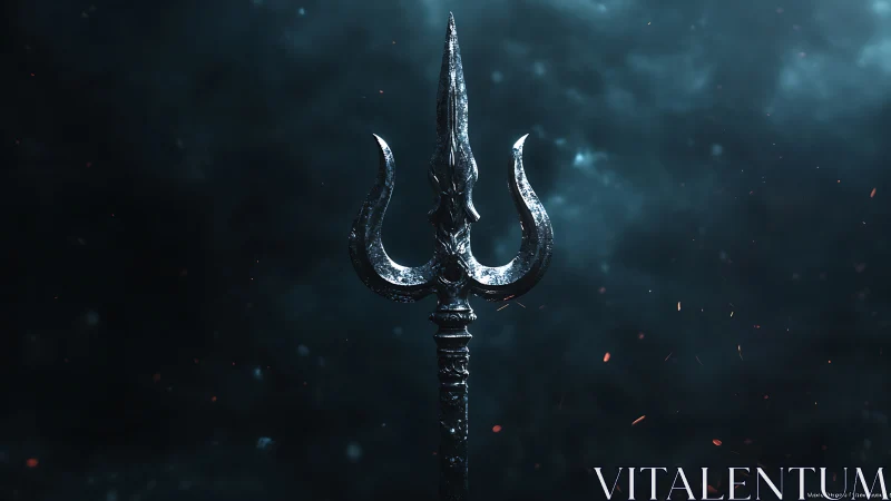 Mystic trident glowing softly in a stormy blue night sky.