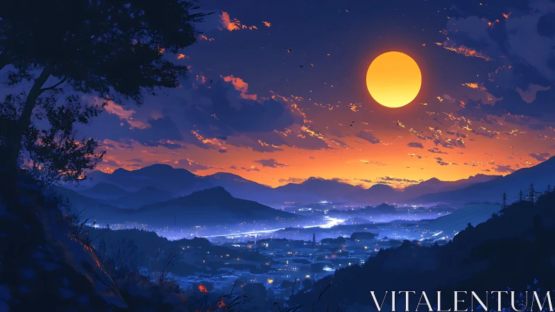 Night valley city glows under large moon and orange sky