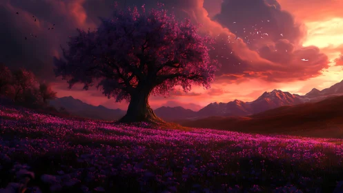 Solitary pink tree in glowing sunset mountain valley.