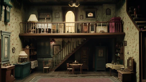 Cozy vintage dollhouse room glows with layered wooden charm