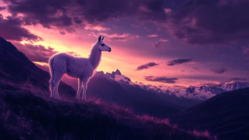 Llama soaking in violet sunset light on dreamy peaks.
