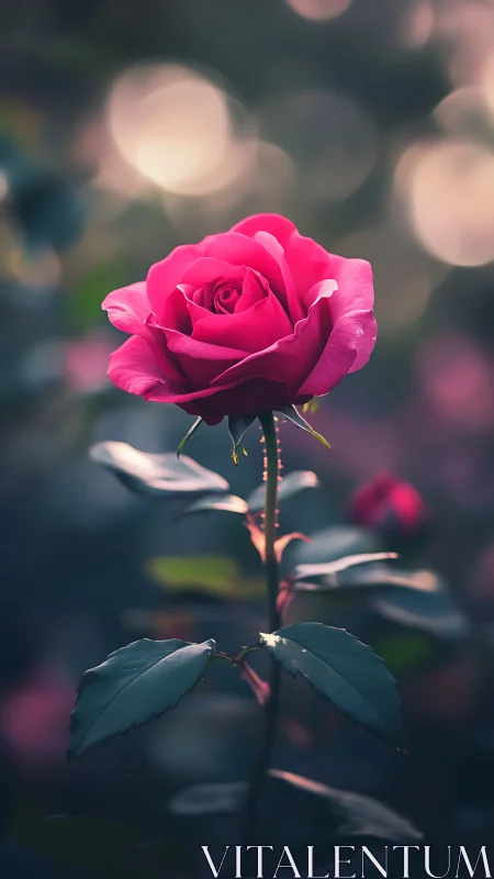 Single pink rose stem is isolated in shallow depth of field