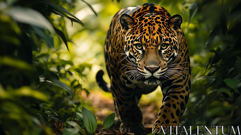 Jaguar stalking through lush rainforest corridor in bokeh light.