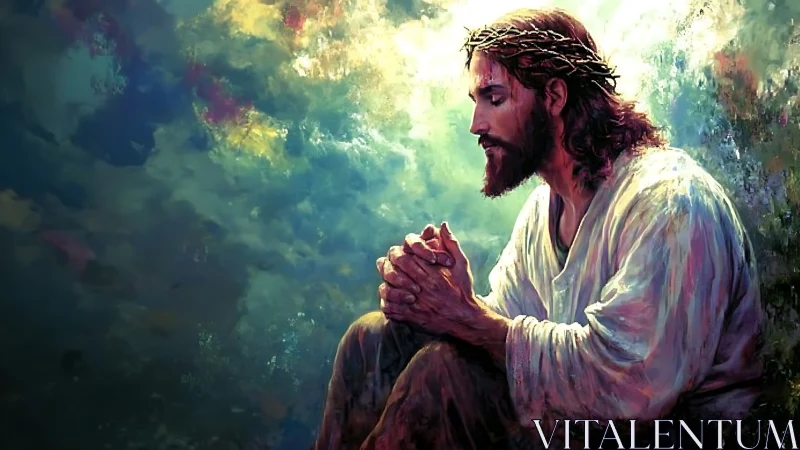 Digital painting of praying robed man with crown of thorns.