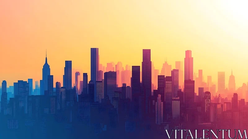 Urban skyline silhouette under gradient sunset sky.