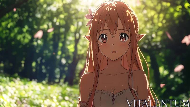 Anime elf portrait in sunlit forest with cinematic depth of field.