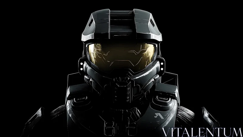 Armored sci fi soldier helmet portrait on black background.