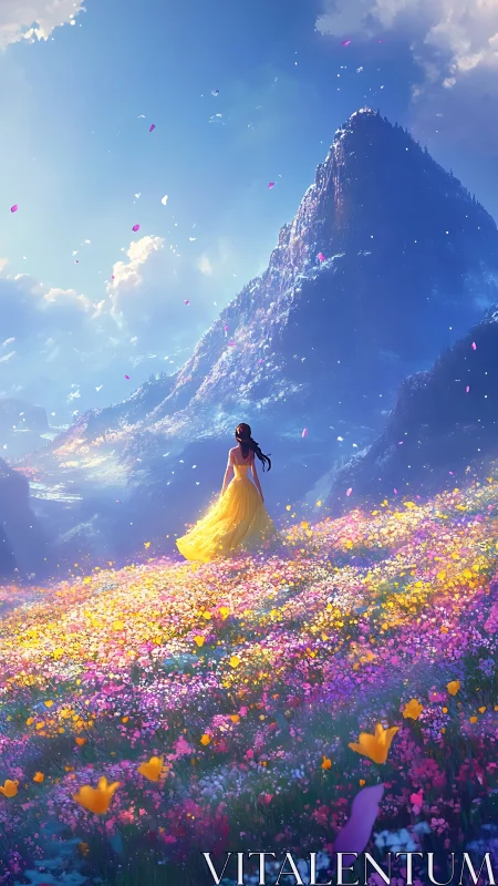 Woman in yellow dress crossing vast alpine flower meadow.