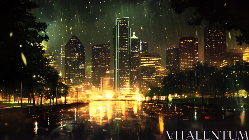 Rain soaked neon city skyline over reflective waterfront.