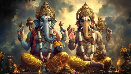 Twin Ganesha deities in ornate golden ceremonial setting.