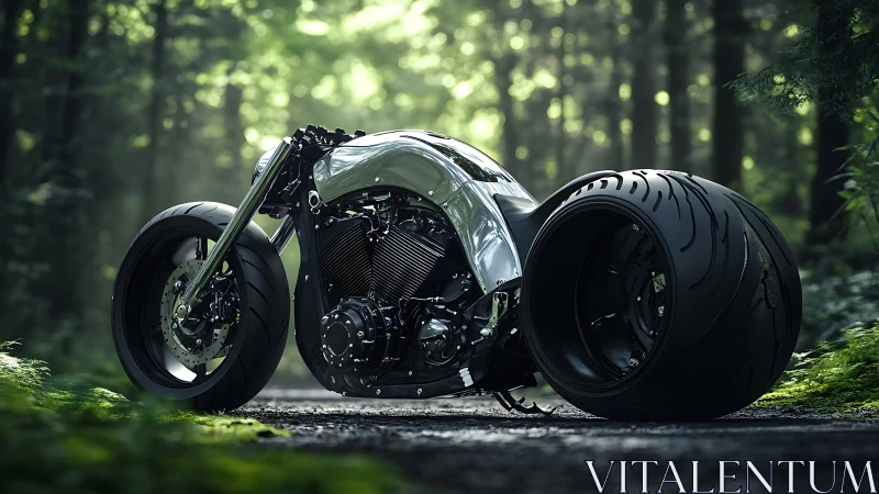 Custom wide-tire motorcycle rendered on forest trail