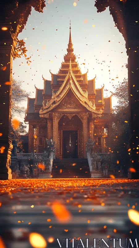 Golden temple facade glows amid drifting bokeh embers at dusk