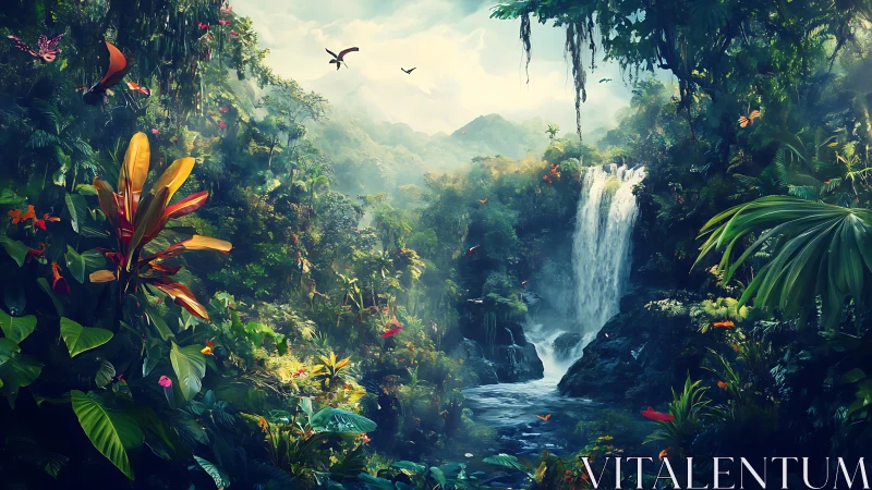 Lush tropical jungle surrounds waterfall and misty valley