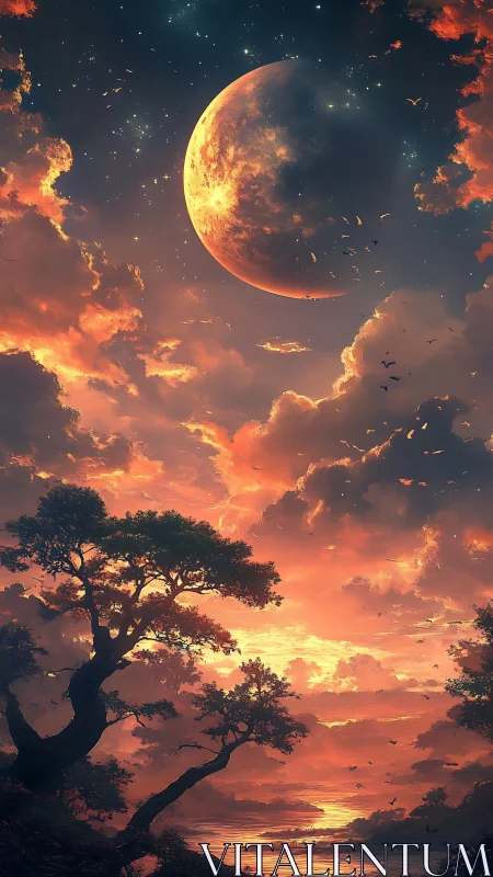 Ember moonrise above dreamlit trees and molten clouds.