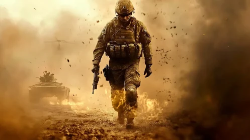 Battlefield soldier strides through burning desert chaos