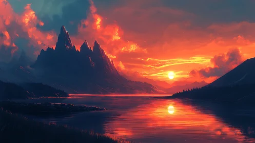 Crimson sunset ignites jagged mountains over mirrored lake.