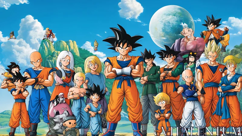 Group portrait of anime fighters in outdoor landscape.