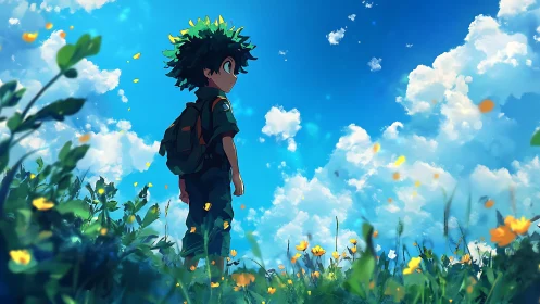 Anime boy standing in bright wildflower field under sky.