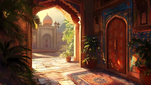 Sunlit palace courtyard through a jeweled scarlet doorway.