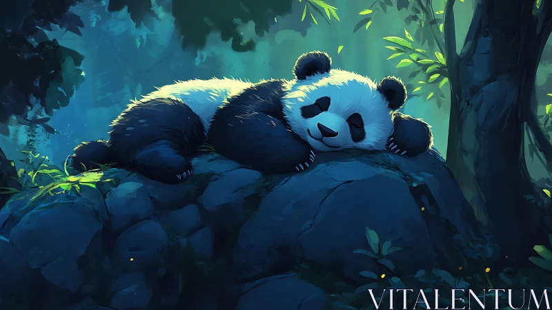Sleeping panda on mossy forest rock in soft blue light.