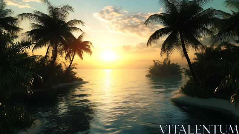 Tropical Sunset Between Silhouetted Palms Over Water.
