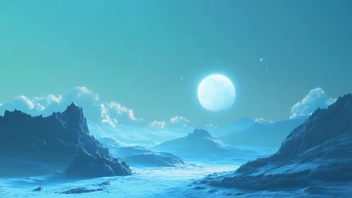 Moonlit frostfront over glacial alien valleys in cyan hush.