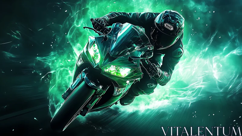Neon-lit superbike racer cuts through kinetic emerald energy field