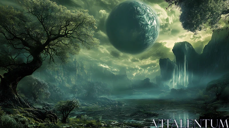 Alien forest valley under massive emerald planet and veiled falls.