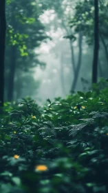 Misty Forest Floor with Yellow Flowers and Dew.