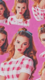 Retro pin-up portrait montage in glossy digital rendering