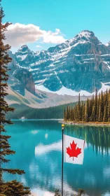 Canadian mountain lake serenity with proud maple leaf flag.