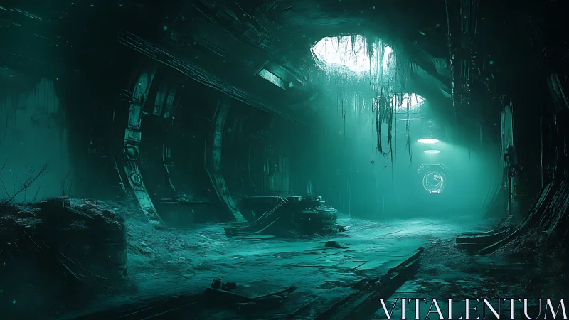 Abandoned industrial tunnel with teal illumination and decay.