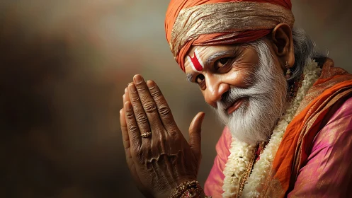 Elderly Hindu guru smiles in warm prayerful portrait