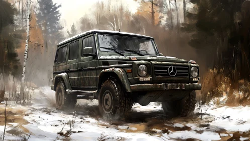 Off road SUV in snowy forest environment, digital rendering.