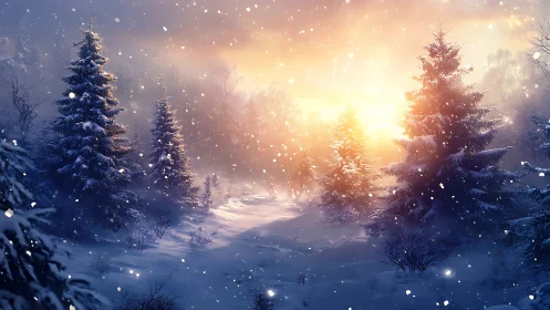 Snow covered forest at sunset with falling snowflakes.