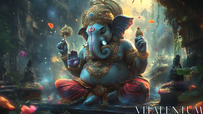 Divine elephant deity in ornate temple fantasy realm.