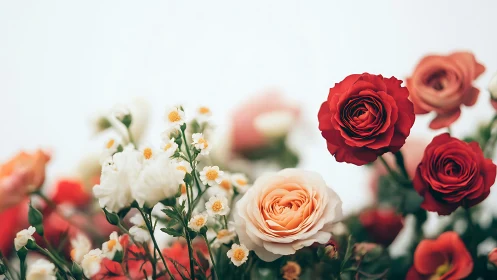 Mixed Garden Roses and Daisies in Focus.