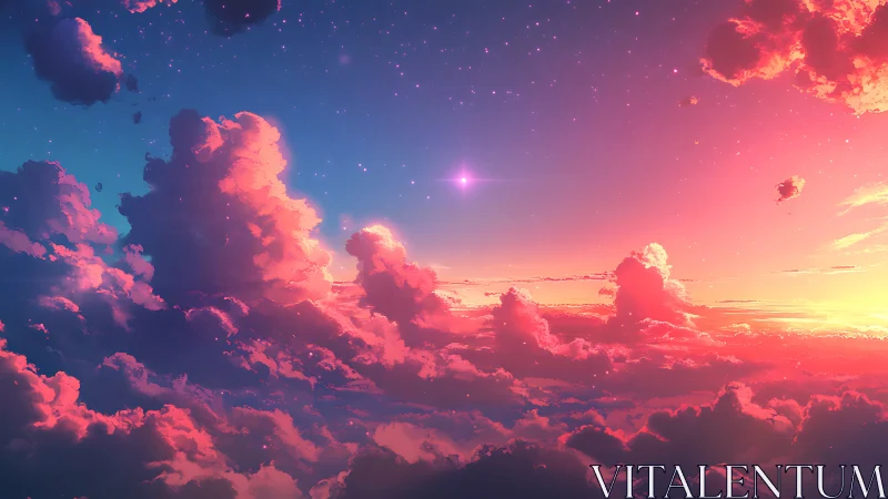 Sunset sky shows pink cloudscape under star-filled gradient