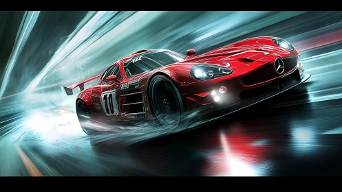 Red Mercedes race car slices through wet tunnel at speed