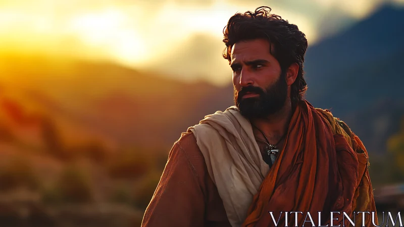 Bearded traveler studies sunset horizon in cinematic warm light
