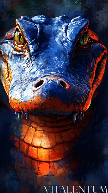 Close frontal view of stylized blue and orange reptile head.