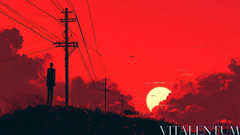 Silhouette figure near power lines at red atmospheric sunset