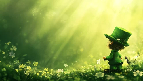 Leprechaun in sunlit clover meadow under glowing light.