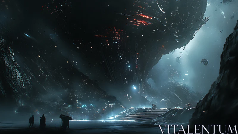 Colossal starship womb hovers above pilgrims in icy dusk