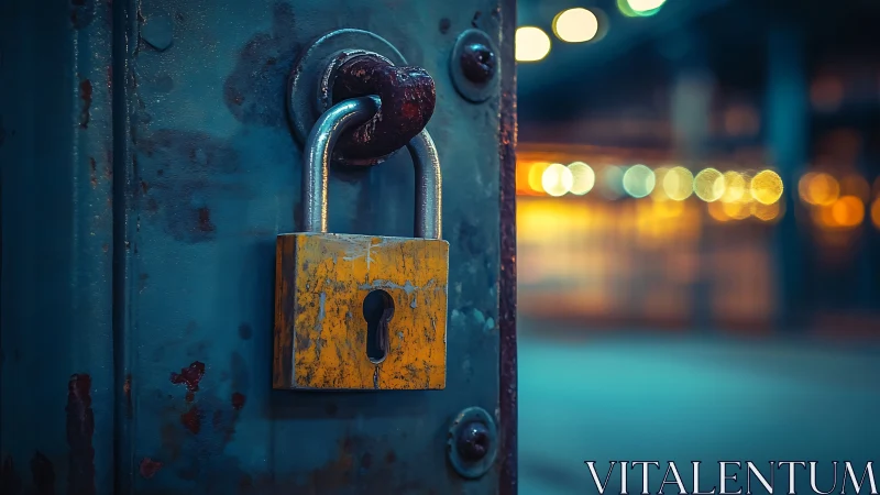 Weathered padlock on blue steel door under bokeh lights.