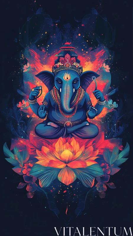 Radiant blue Ganesha meditating above a cosmic lotus bloom.
